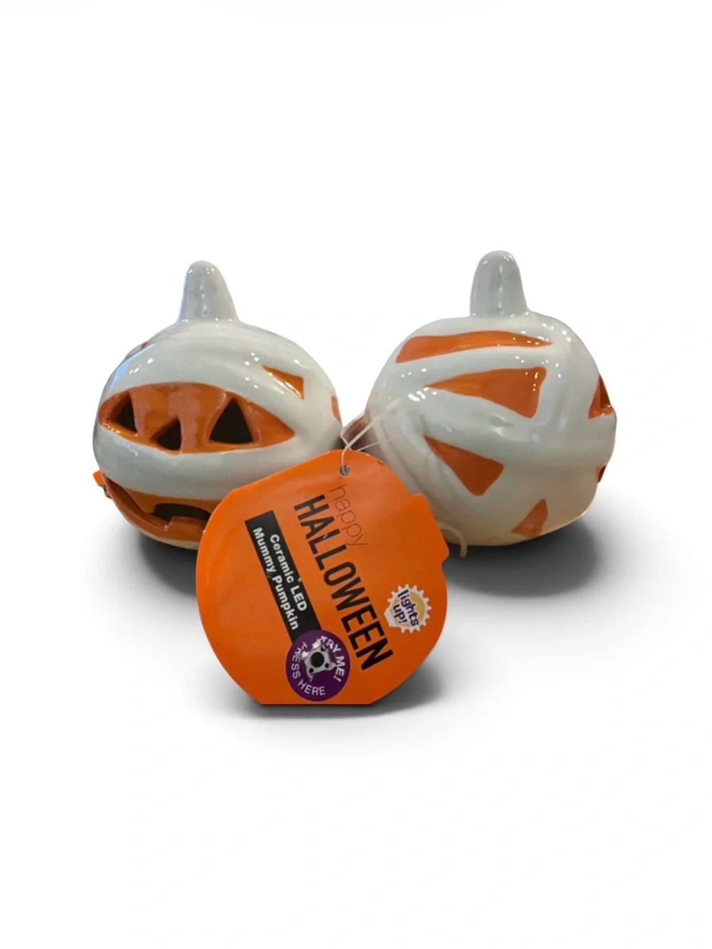 White and Orange Ceramic. Mummy  Pumpkin Lantern Pair with Green LED light